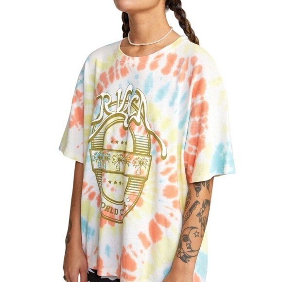 RVCA World Tour Tee Sz XS White Multicolor TieDye Graphic Print Oversized Cotton - Picture 6 of 16
